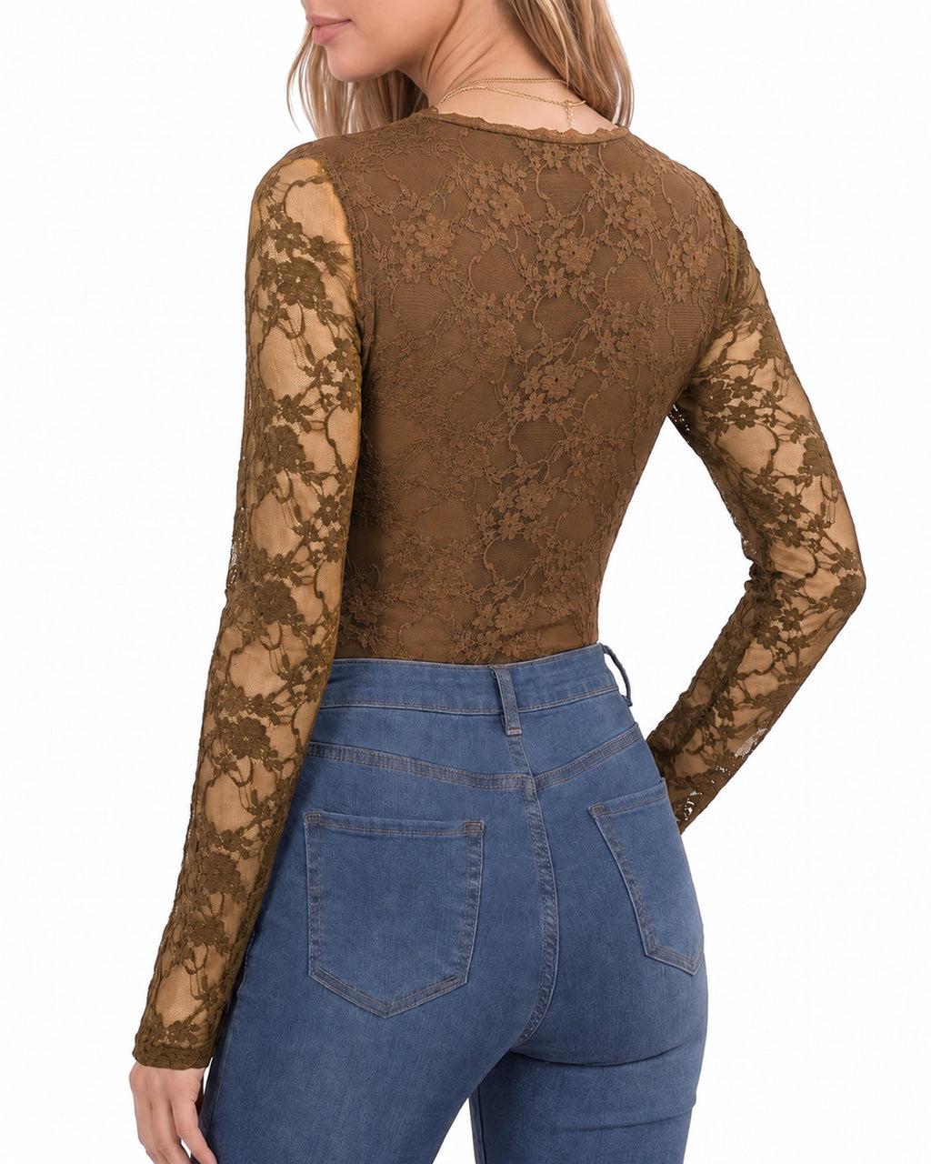 MANGOPOP Lace Long-Sleeve V-Neck Bodysuit Khaki