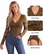 MANGOPOP Lace Long-Sleeve V-Neck Bodysuit Khaki