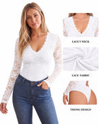 MANGOPOP Lace Long-Sleeve V-Neck Bodysuit White