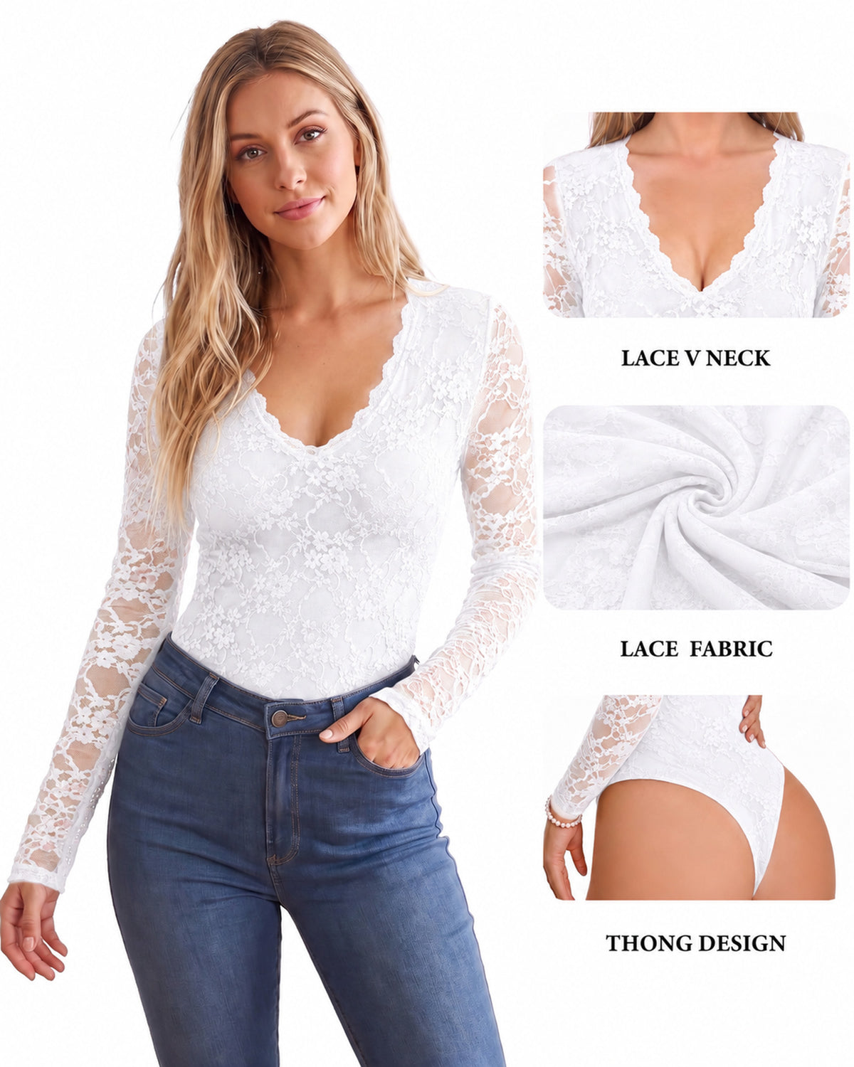 MANGOPOP Lace Long-Sleeve V-Neck Bodysuit White