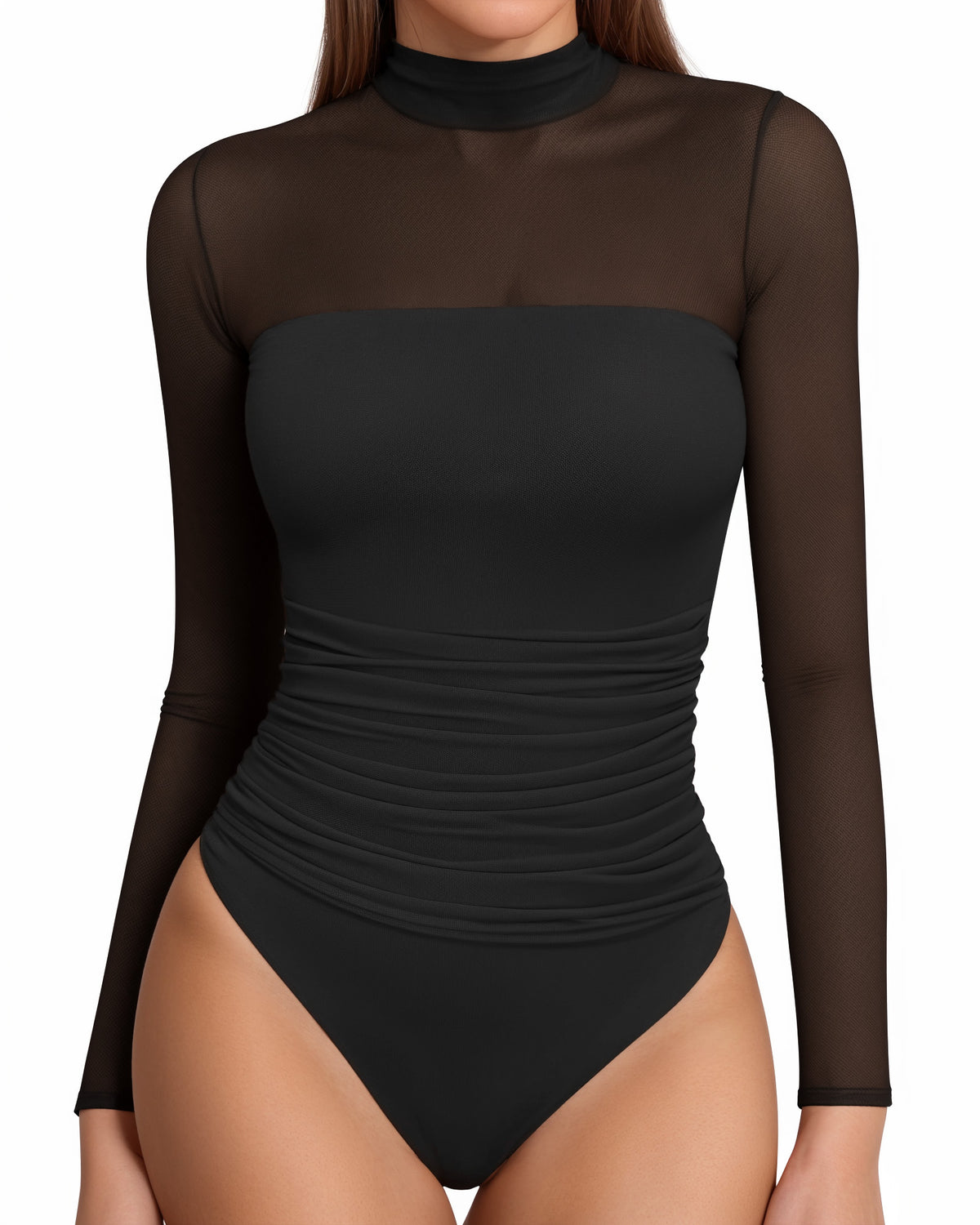 MANGOPOP Mock Neck Mesh Long-Sleeve Ruched Sheer Bodysuit Long Sleeve Black