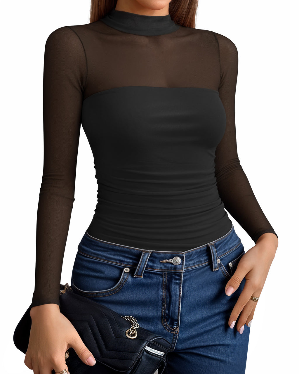 MANGOPOP Mock Neck Mesh Long-Sleeve Ruched Sheer Bodysuit Long Sleeve Black