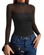 MANGOPOP Mock Neck Mesh Long-Sleeve Ruched Sheer Bodysuit Long Sleeve Black