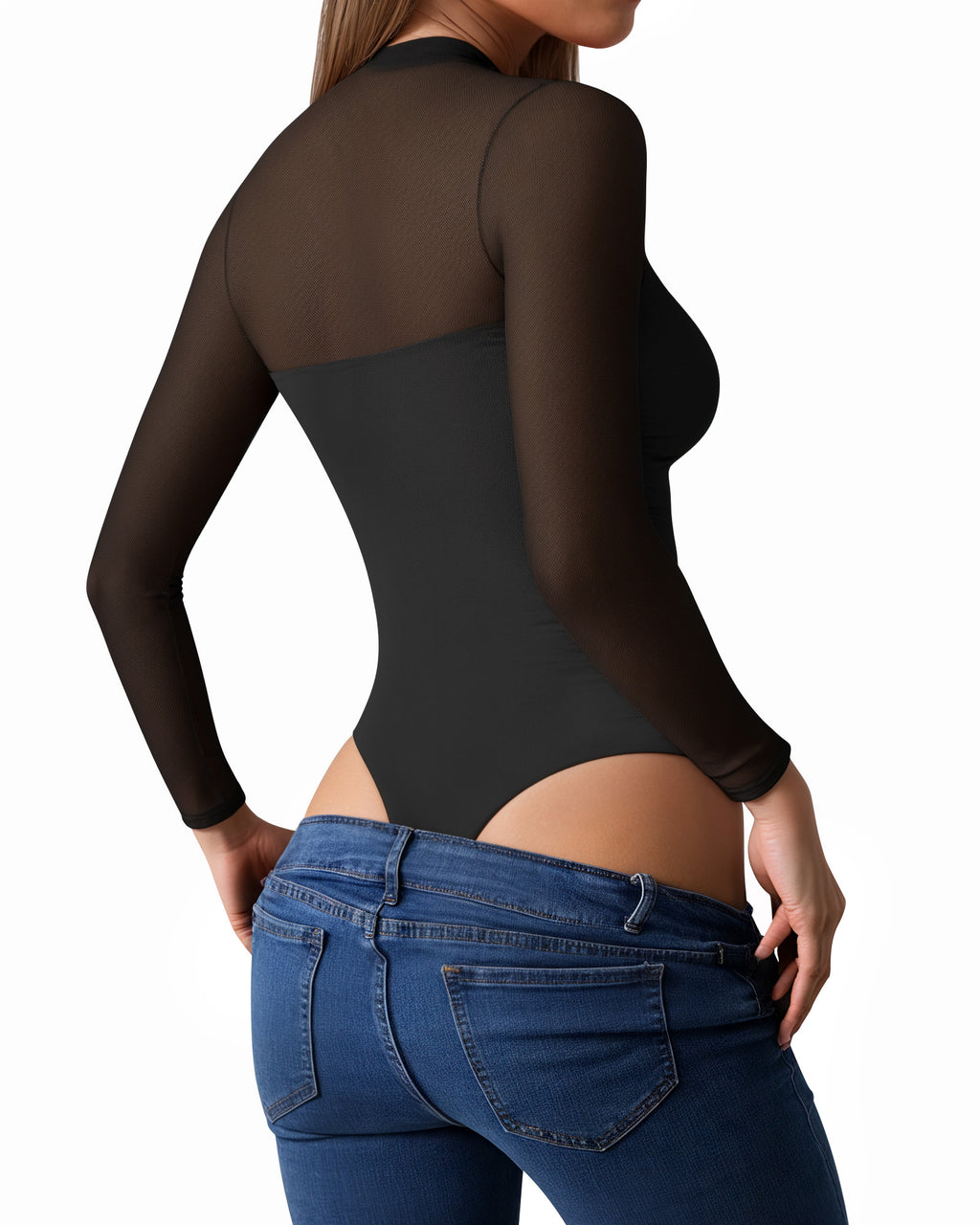 MANGOPOP Mock Neck Mesh Long-Sleeve Ruched Sheer Bodysuit Long Sleeve Black