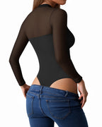 MANGOPOP Mock Neck Mesh Long-Sleeve Ruched Sheer Bodysuit Long Sleeve Black