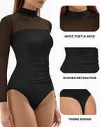 MANGOPOP Mock Neck Mesh Long-Sleeve Ruched Sheer Bodysuit Long Sleeve Black
