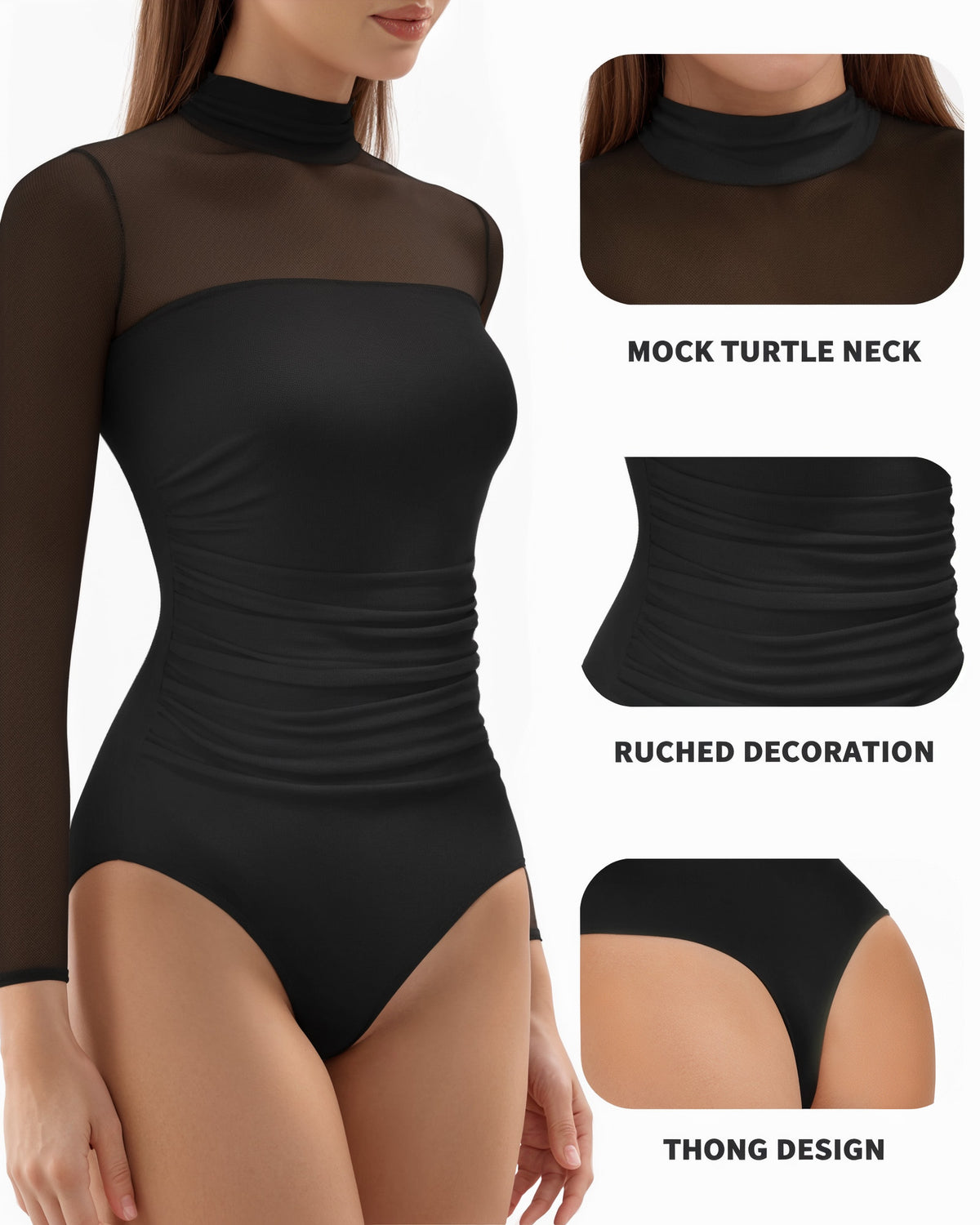 MANGOPOP Mock Neck Mesh Long-Sleeve Ruched Sheer Bodysuit Long Sleeve Black