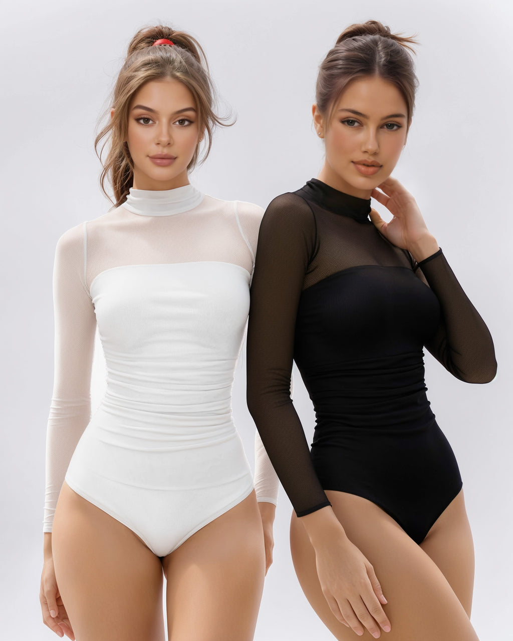MANGOPOP Mock Neck Mesh Long-Sleeve Ruched Sheer Bodysuit Long Sleeve Black