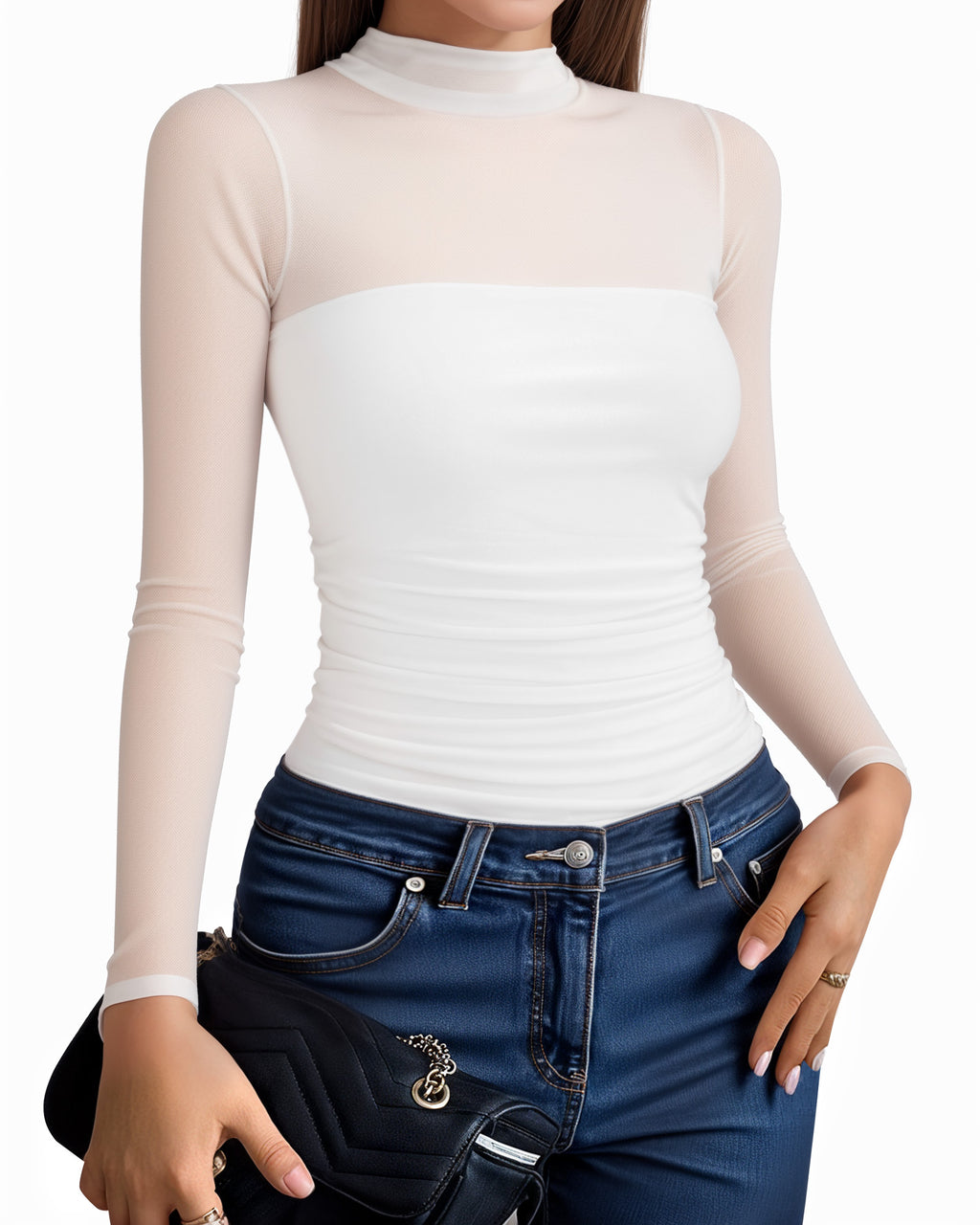 MANGOPOP Mock Neck Mesh Long-Sleeve Ruched Sheer Bodysuit Long Sleeve White