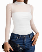 MANGOPOP Mock Neck Mesh Long-Sleeve Ruched Sheer Bodysuit Long Sleeve White