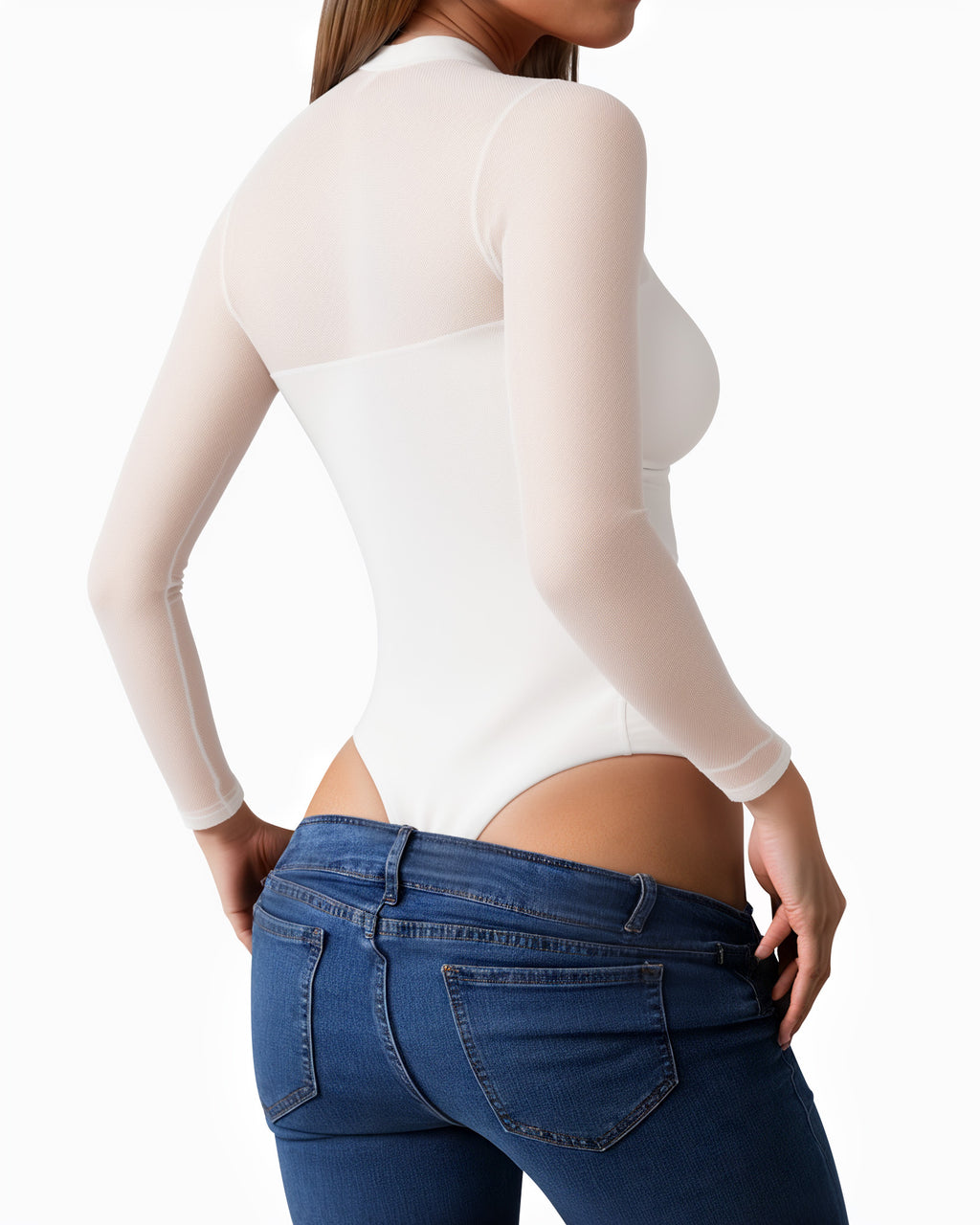 MANGOPOP Mock Neck Mesh Long-Sleeve Ruched Sheer Bodysuit Long Sleeve White