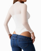 MANGOPOP Mock Neck Mesh Long-Sleeve Ruched Sheer Bodysuit Long Sleeve White