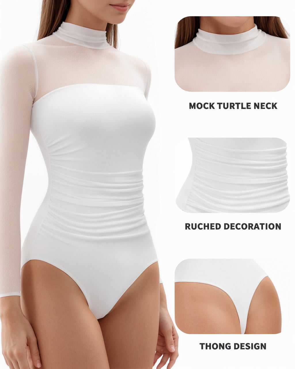 MANGOPOP Mock Neck Mesh Long-Sleeve Ruched Sheer Bodysuit Long Sleeve White