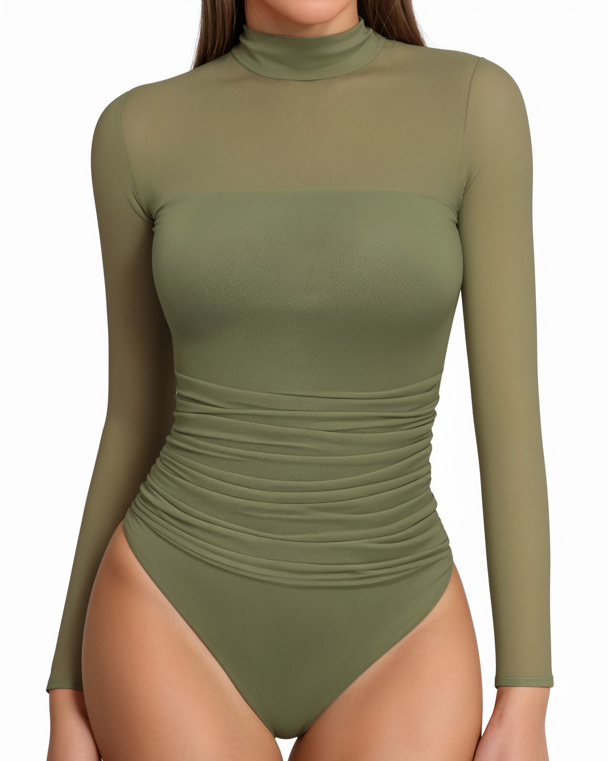 MANGOPOP Mock Neck Mesh Long-Sleeve Ruched Sheer Bodysuit Long Sleeve Army Green