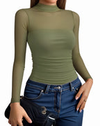 MANGOPOP Mock Neck Mesh Long-Sleeve Ruched Sheer Bodysuit Long Sleeve Army Green