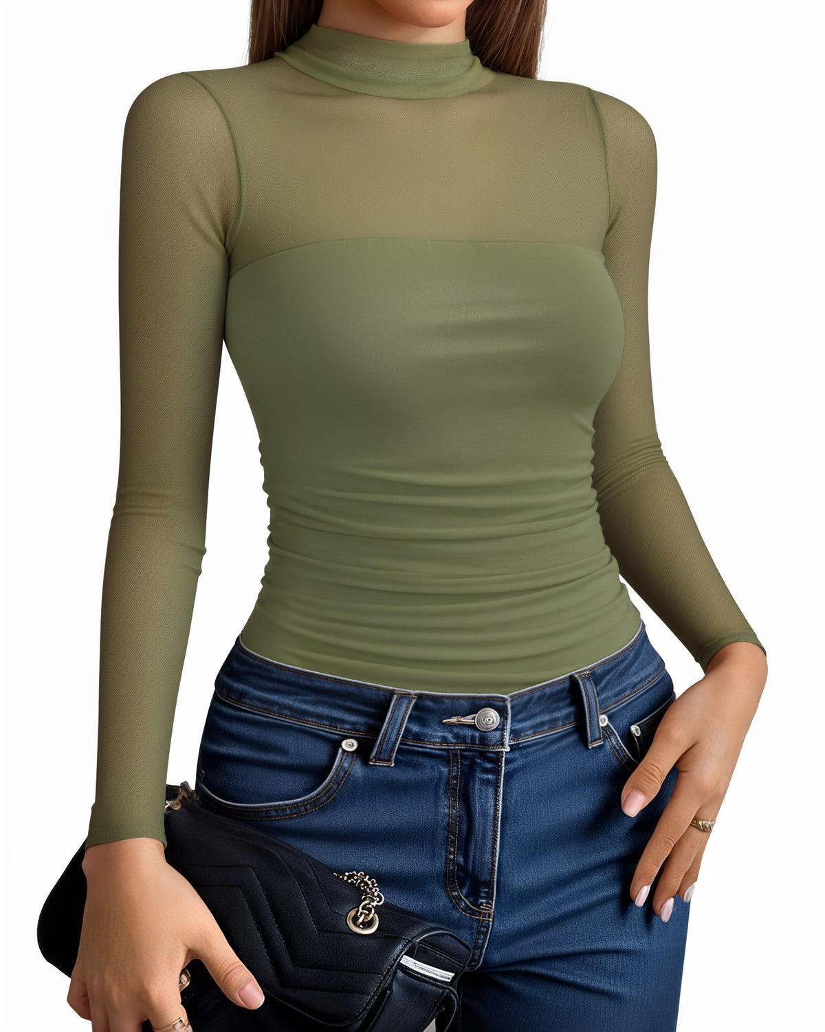 MANGOPOP Mock Neck Mesh Long-Sleeve Ruched Sheer Bodysuit Long Sleeve Army Green