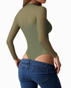 MANGOPOP Mock Neck Mesh Long-Sleeve Ruched Sheer Bodysuit Long Sleeve Army Green
