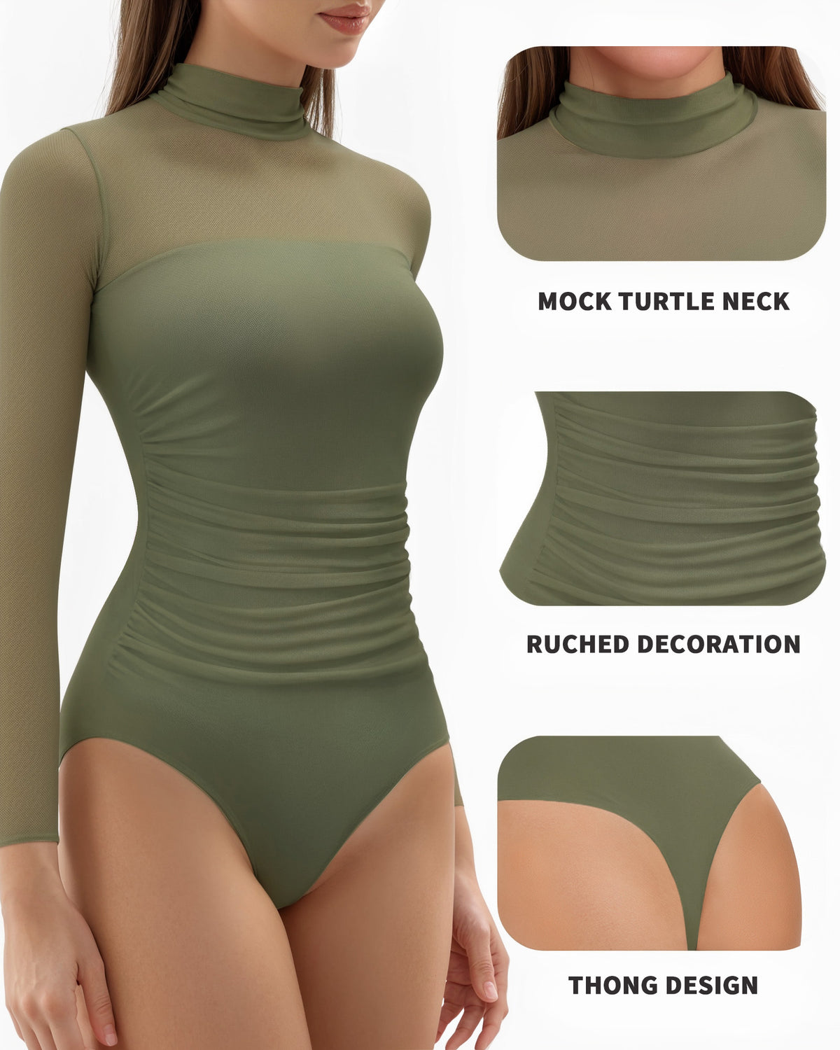 MANGOPOP Mock Neck Mesh Long-Sleeve Ruched Sheer Bodysuit Long Sleeve Army Green