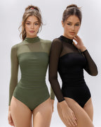 MANGOPOP Mock Neck Mesh Long-Sleeve Ruched Sheer Bodysuit Long Sleeve Army Green