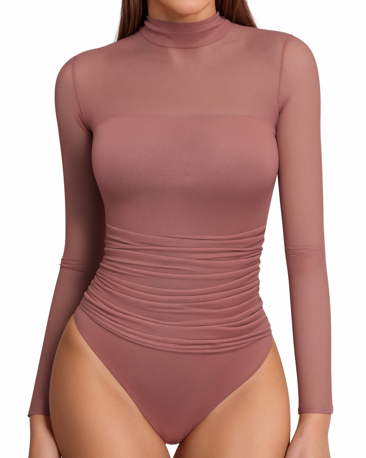 MANGOPOP Mock Neck Mesh Long-Sleeve Ruched Sheer Bodysuit Long Sleeve Marsala