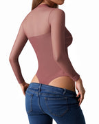 MANGOPOP Mock Neck Mesh Long-Sleeve Ruched Sheer Bodysuit Long Sleeve Marsala