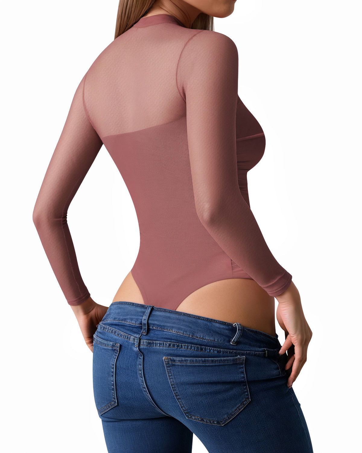 MANGOPOP Mock Neck Mesh Long-Sleeve Ruched Sheer Bodysuit Long Sleeve Marsala