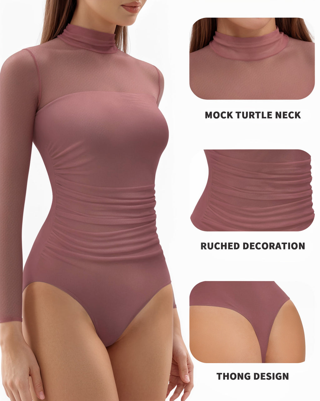 MANGOPOP Mock Neck Mesh Long-Sleeve Ruched Sheer Bodysuit Long Sleeve Marsala