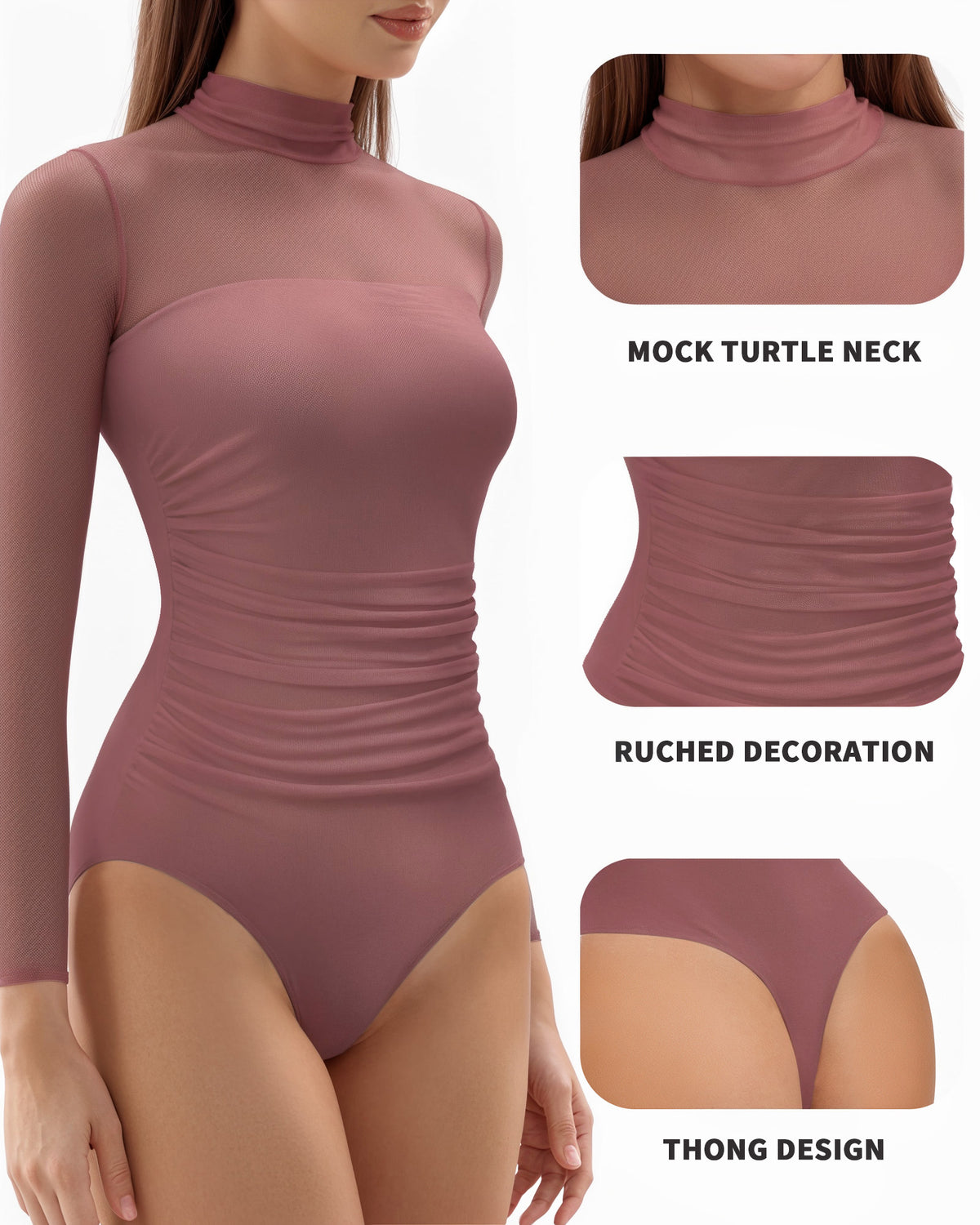 MANGOPOP Mock Neck Mesh Long-Sleeve Ruched Sheer Bodysuit Long Sleeve Marsala