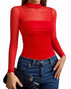 MANGOPOP Mock Neck Mesh Long-Sleeve Ruched Sheer Bodysuit Long Sleeve Red
