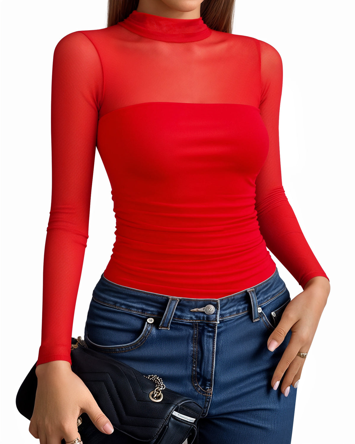 MANGOPOP Mock Neck Mesh Long-Sleeve Ruched Sheer Bodysuit Long Sleeve Red