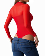 MANGOPOP Mock Neck Mesh Long-Sleeve Ruched Sheer Bodysuit Long Sleeve Red