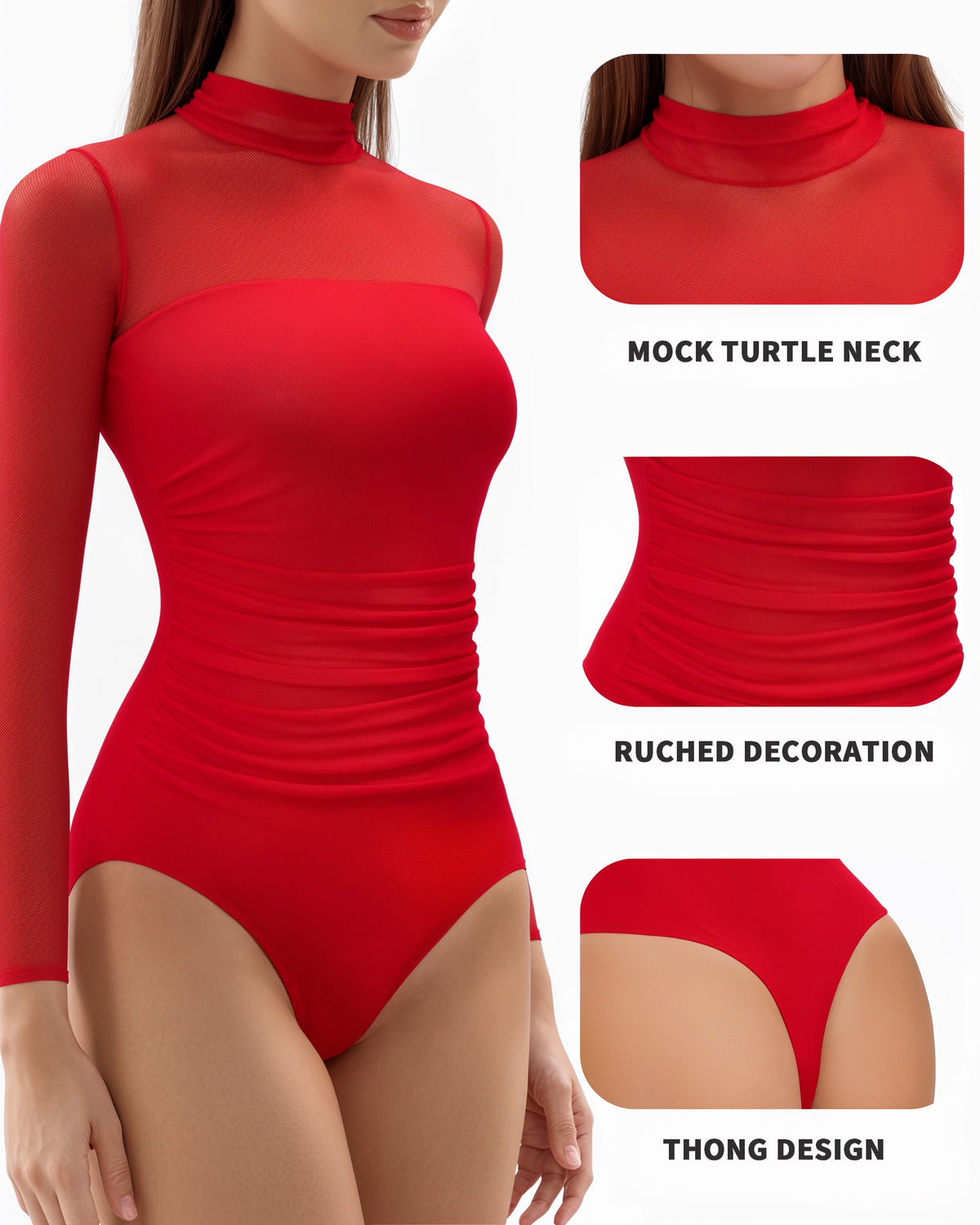 MANGOPOP Mock Neck Mesh Long-Sleeve Ruched Sheer Bodysuit Long Sleeve Red