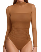 MANGOPOP Mock Neck Mesh Long-Sleeve Ruched Sheer Bodysuit Long Sleeve Brown