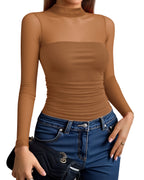 MANGOPOP Mock Neck Mesh Long-Sleeve Ruched Sheer Bodysuit Long Sleeve Brown