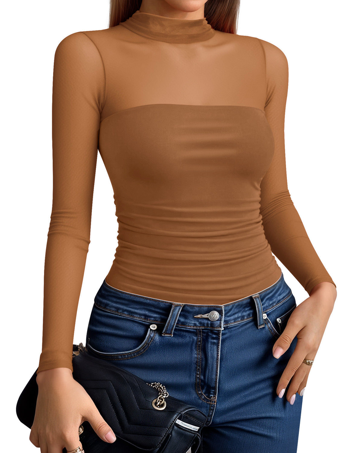 MANGOPOP Mock Neck Mesh Long-Sleeve Ruched Sheer Bodysuit Long Sleeve Brown