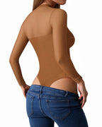 MANGOPOP Mock Neck Mesh Long-Sleeve Ruched Sheer Bodysuit Long Sleeve Brown