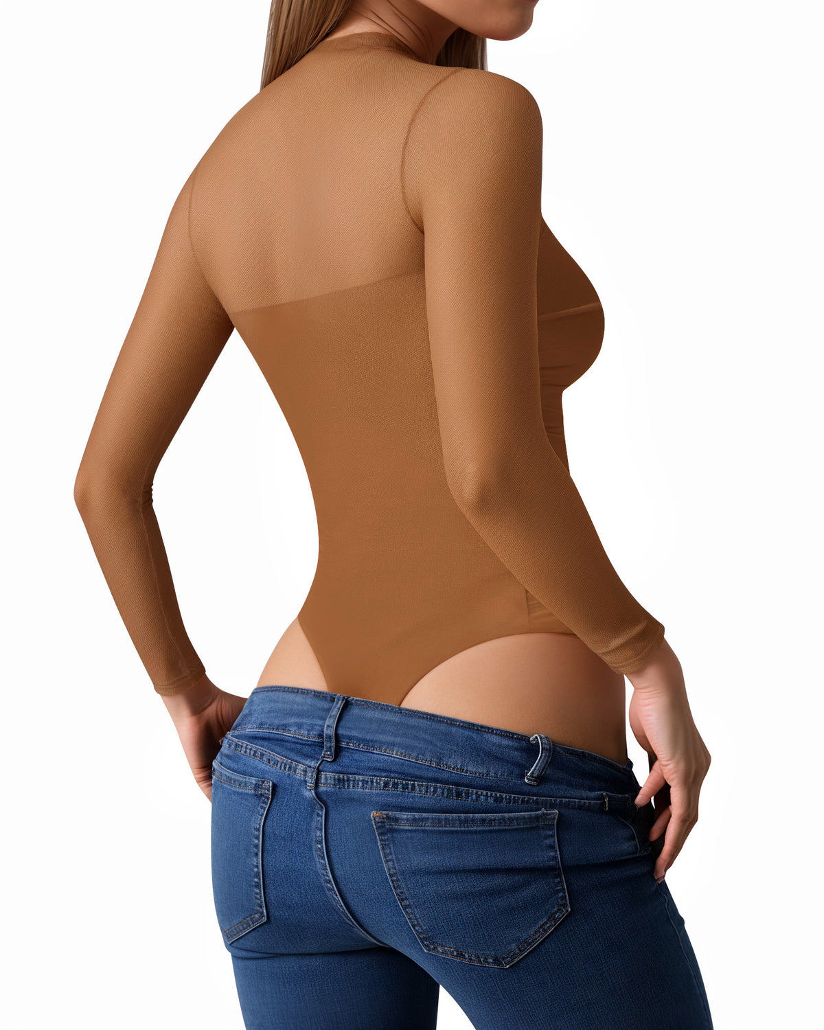 MANGOPOP Mock Neck Mesh Long-Sleeve Ruched Sheer Bodysuit Long Sleeve Brown