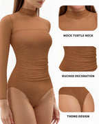 MANGOPOP Mock Neck Mesh Long-Sleeve Ruched Sheer Bodysuit Long Sleeve Brown
