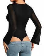 MANGOPOP Mesh Square Neck Bell Sleeve Bodysuit Black