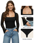 MANGOPOP Mesh Square Neck Bell Sleeve Bodysuit Black
