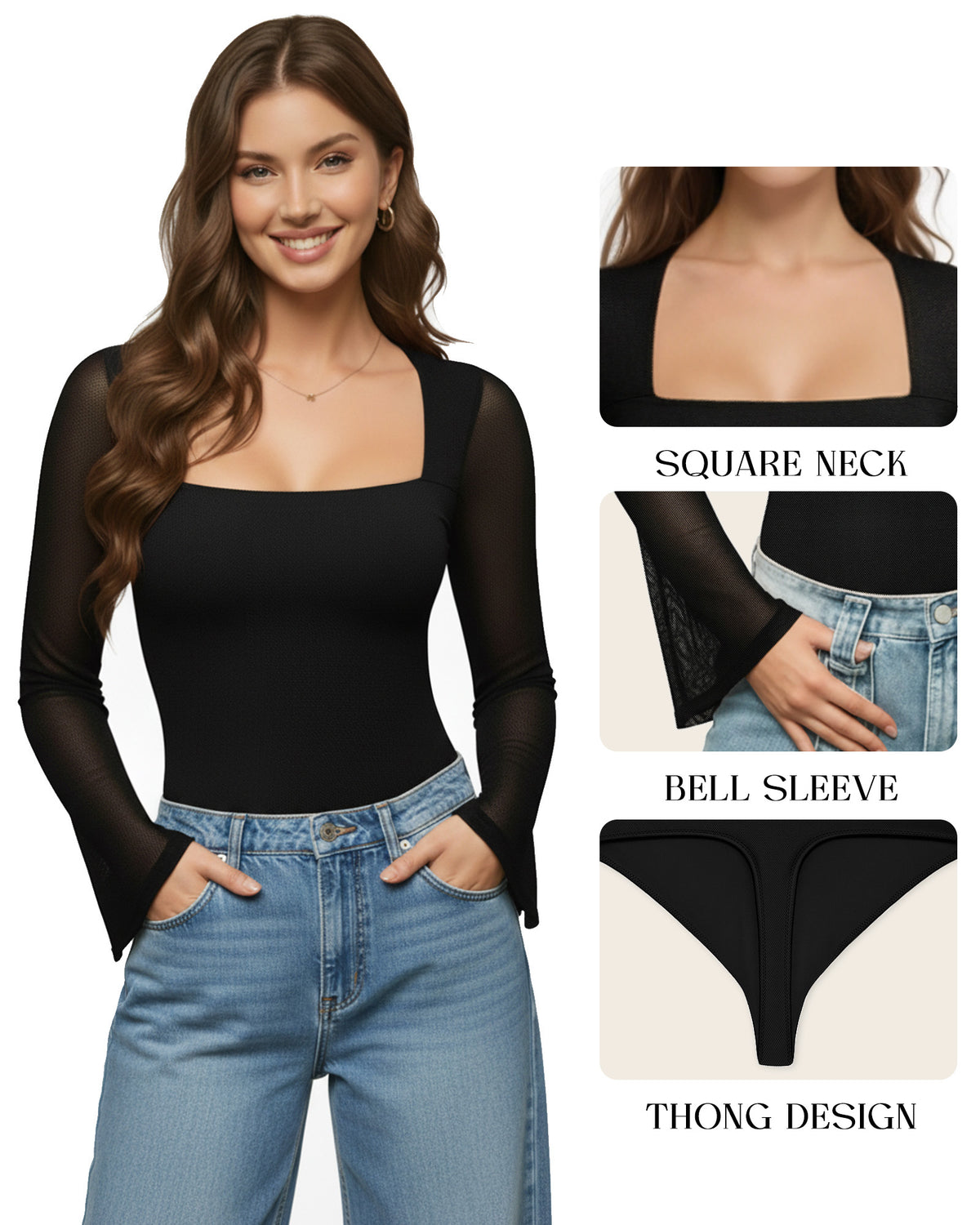 MANGOPOP Mesh Square Neck Bell Sleeve Bodysuit Black