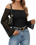 MANGOPOP Off-Shoulder Mesh Bell Sleeve Bodysuit Black