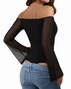 MANGOPOP Off-Shoulder Mesh Bell Sleeve Bodysuit Black