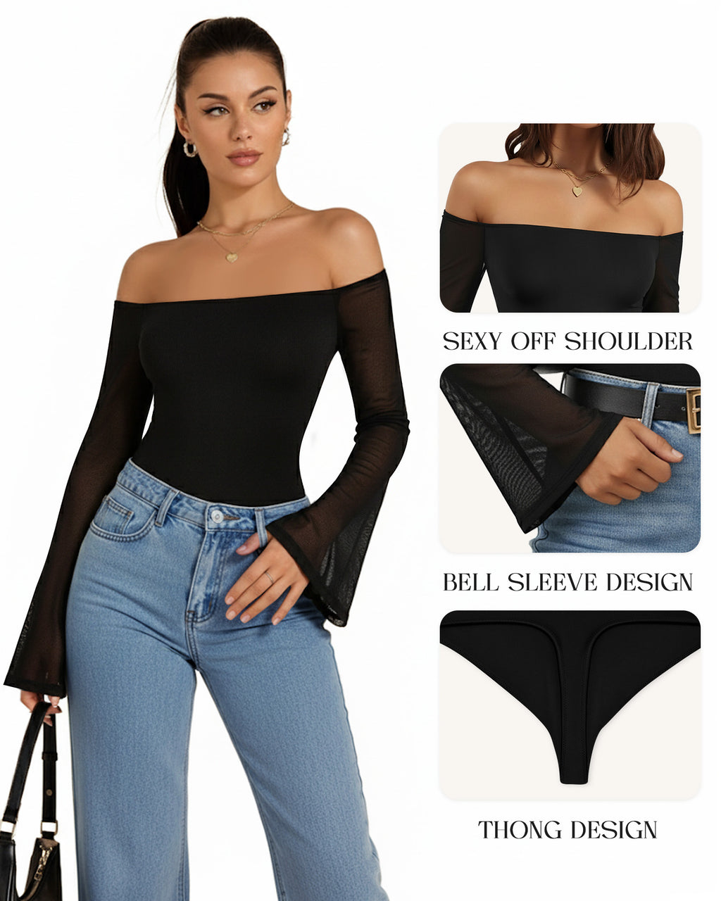 MANGOPOP Off-Shoulder Mesh Bell Sleeve Bodysuit Black