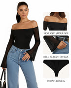 MANGOPOP Off-Shoulder Mesh Bell Sleeve Bodysuit Black