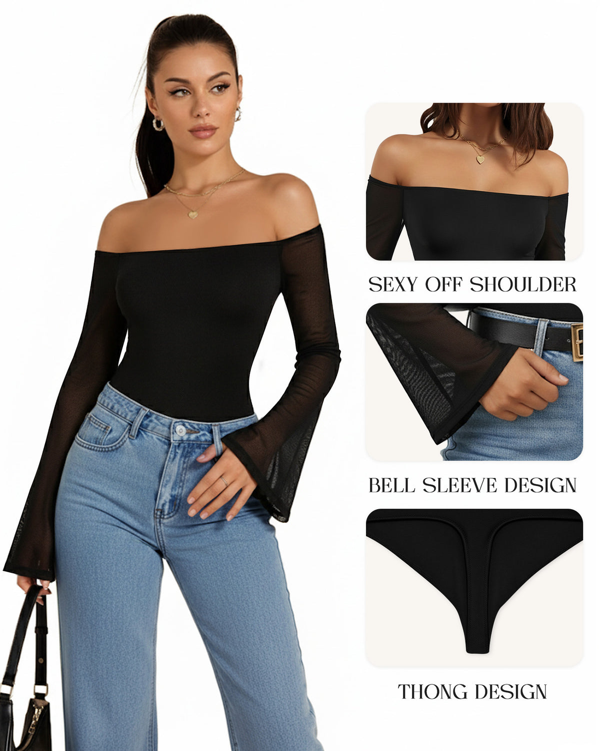 MANGOPOP Off-Shoulder Mesh Bell Sleeve Bodysuit Black