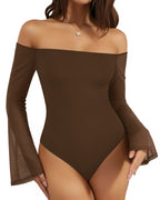MANGOPOP Off-Shoulder Mesh Bell Sleeve Bodysuit Brown