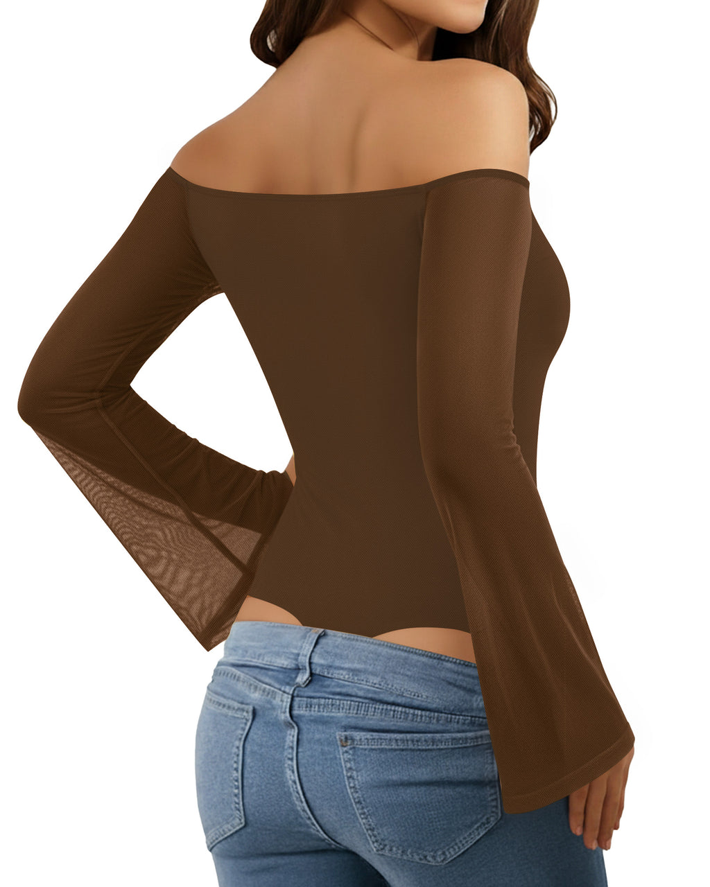 MANGOPOP Off-Shoulder Mesh Bell Sleeve Bodysuit Brown