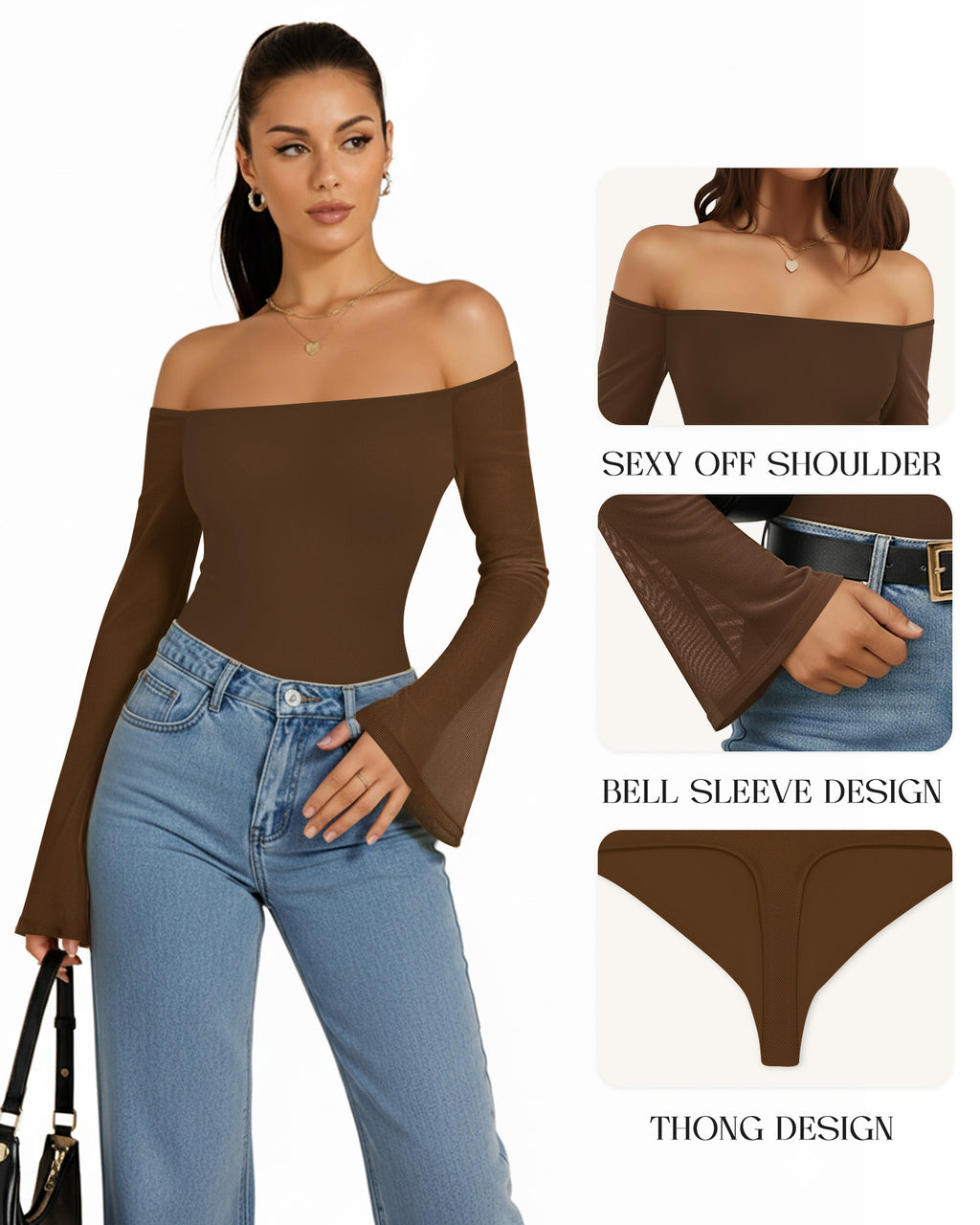 MANGOPOP Off-Shoulder Mesh Bell Sleeve Bodysuit Brown