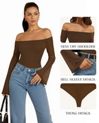 MANGOPOP Off-Shoulder Mesh Bell Sleeve Bodysuit Brown